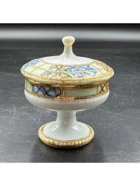 Antique Nippon Hand Painted Porcelain Pedestal Dresser Jar W/ Floral Mosaic